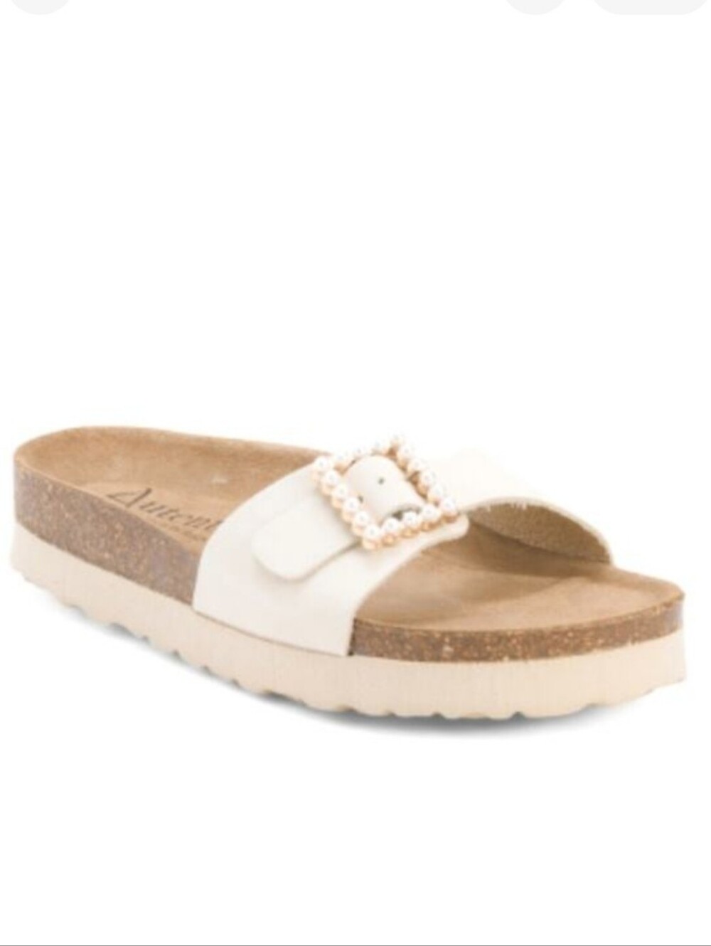 AUTENTI Beige Cream Pearl Buckle Leather Slide Comfort Sandal Size 41